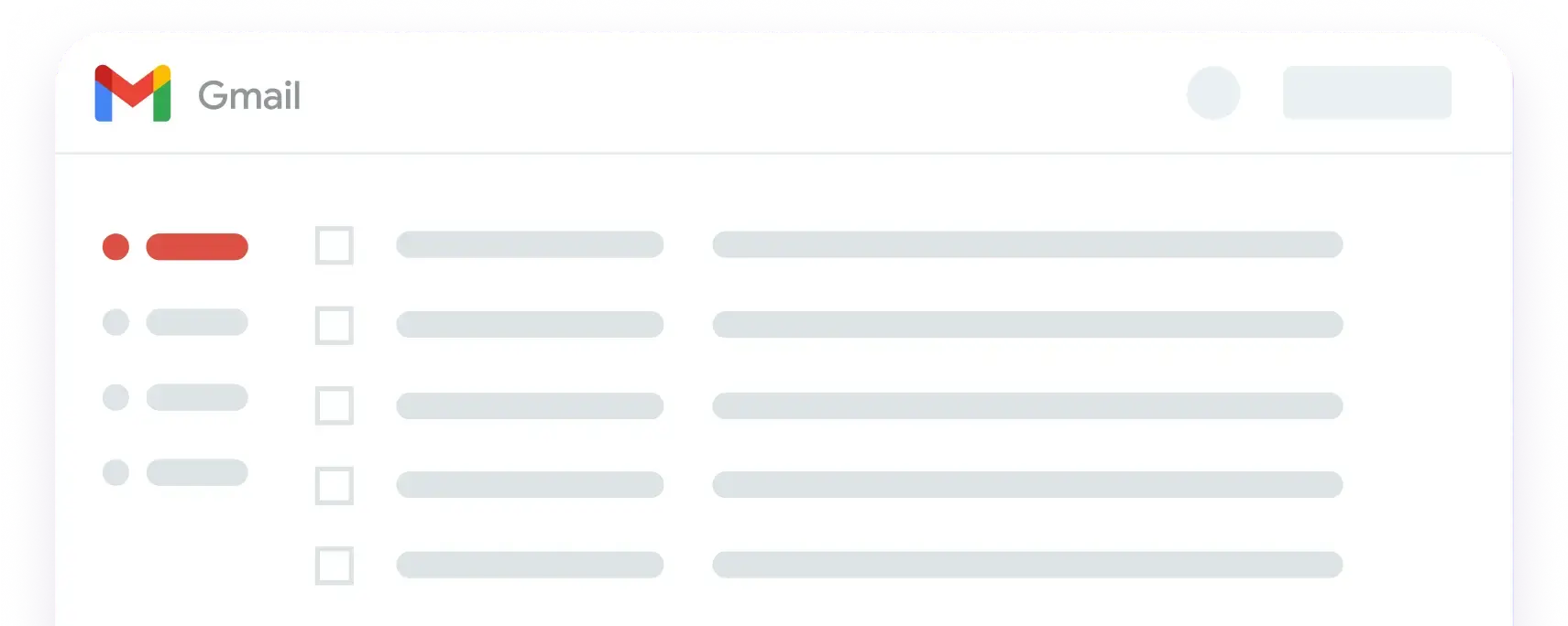 Simplified Gmail inbox interface showing a list of emails with one unread email highlighted by a red dot.