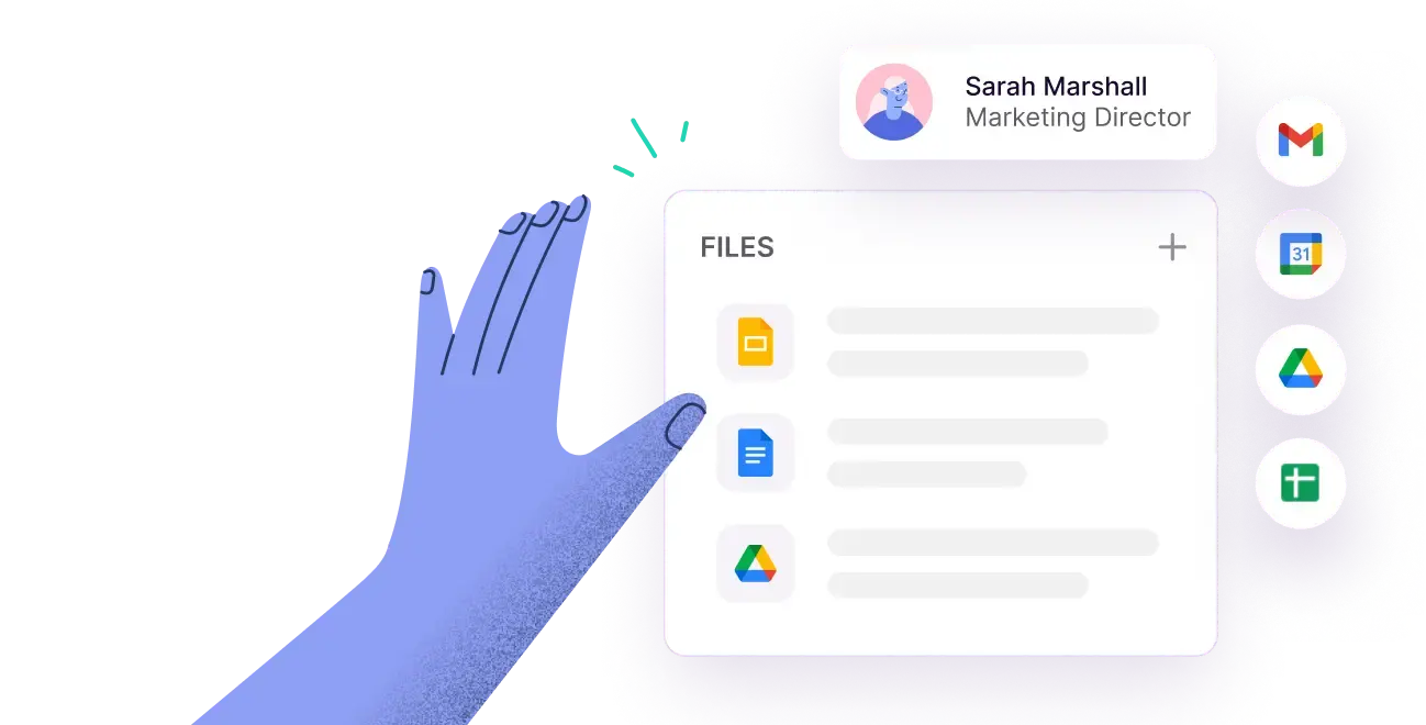Illustration of a blue hand reaching towards a digital interface showing files and a user profile with icons for Gmail, Google Calendar, Google Drive, and Google Sheets.