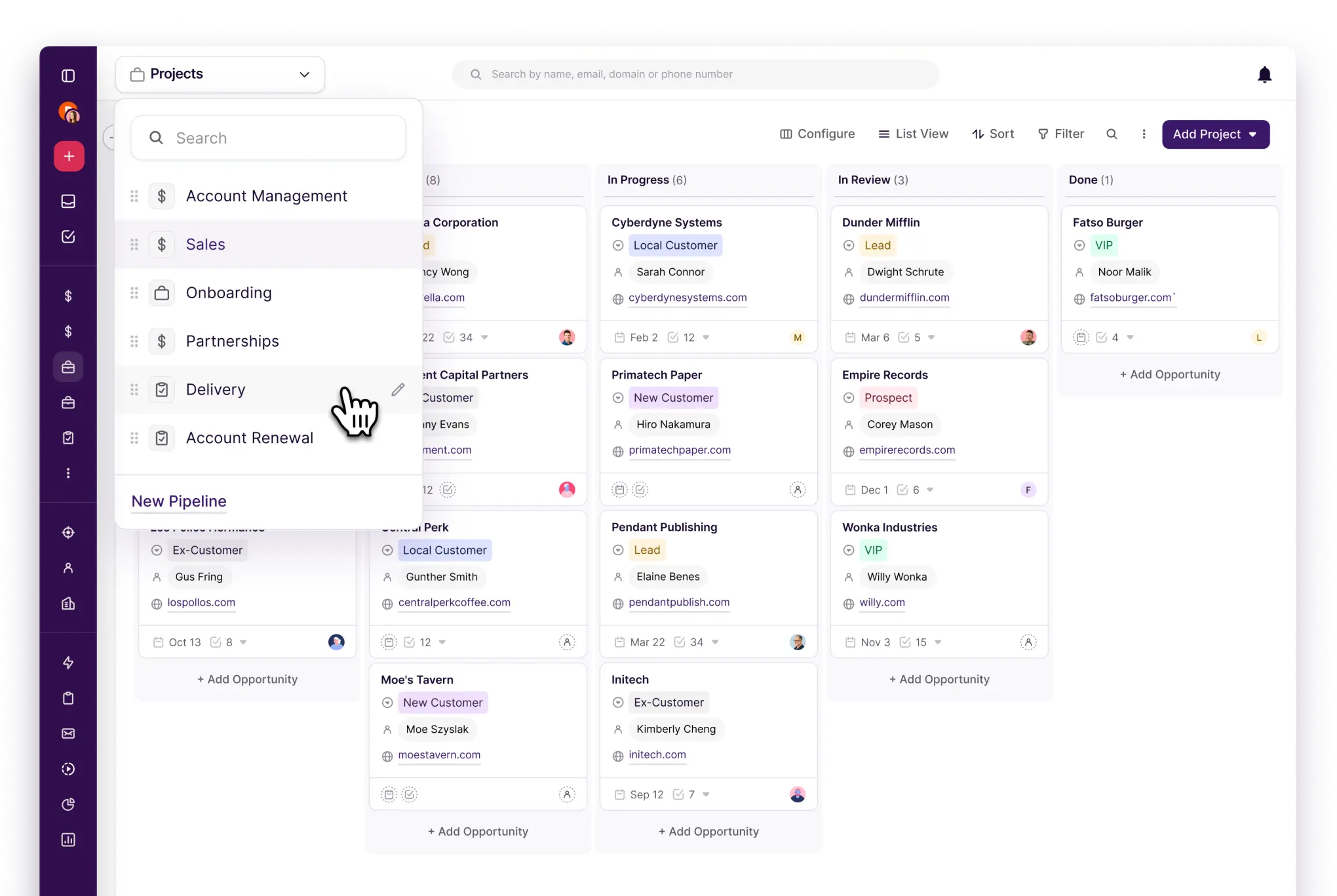 Sales project management dashboard showing columns for project stages with client names, statuses, contacts, and websites, with a dropdown menu to select different pipelines.