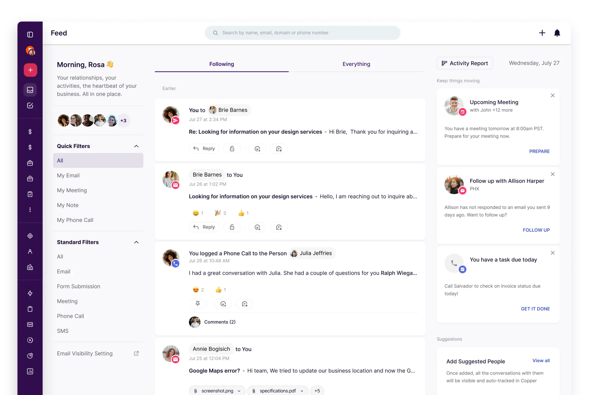User interface of a business communication feed displaying messages, activity reports, and task reminders with filters on the left sidebar.