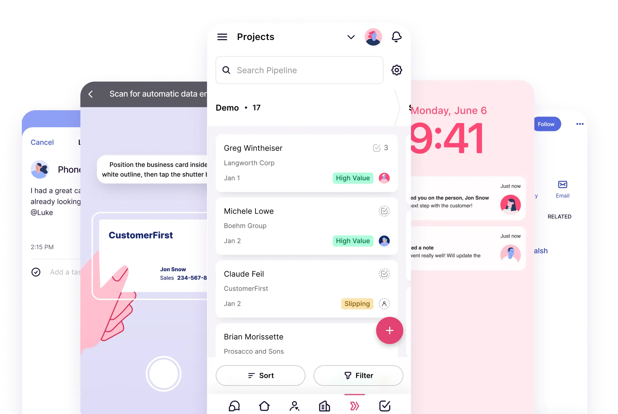 Mobile app interface showing project pipeline with contact names, company details, and status labels like High Value and Slipping.