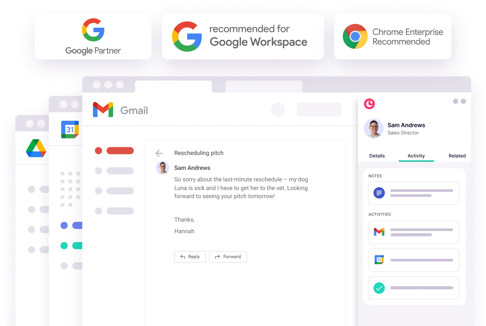 Interface showing Google Workspace apps Gmail, Drive, and Calendar with an email about rescheduling a pitch and a contact card for Sam Andrews, Sales Director.