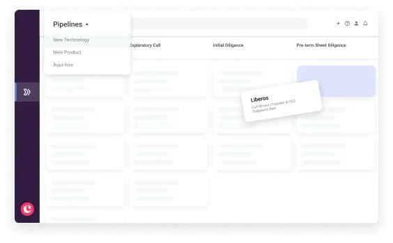 Dashboard interface showing a dropdown menu labeled Pipelines with options New Technology, New Product, and Acqui-hire, and a floating card with details for Liberos including Cofounder & CEO Carl Benson.
