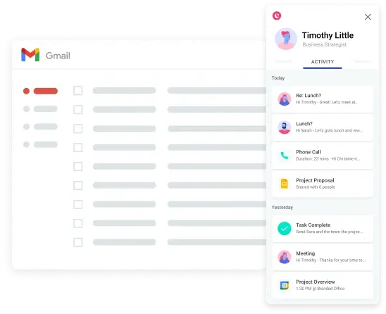 Gmail inbox interface with a sidebar showing activity details of Timothy Little, including emails, a phone call, and project tasks.