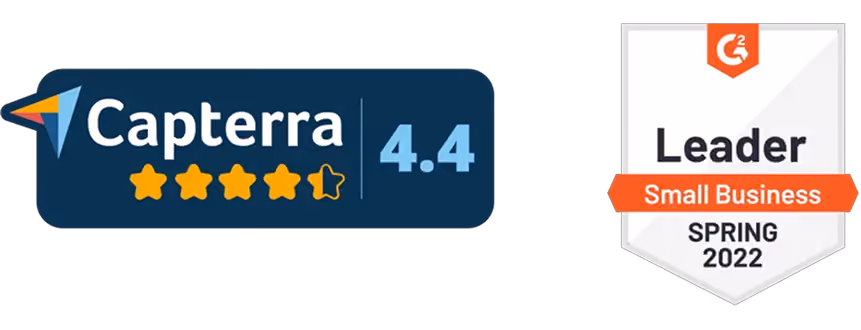 Capterra rating of 4.4 stars and G2 Leader badge for Small Business Spring 2022.