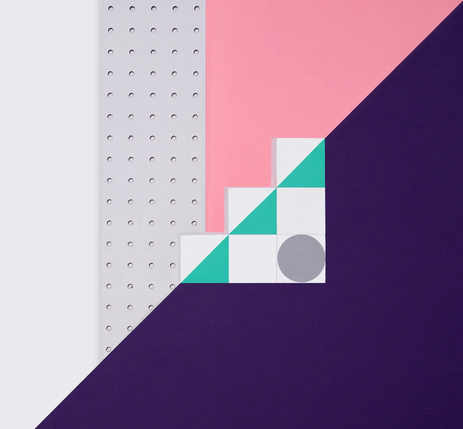 Abstract geometric composition with white, green, gray shapes on pink, purple, and light gray backgrounds.