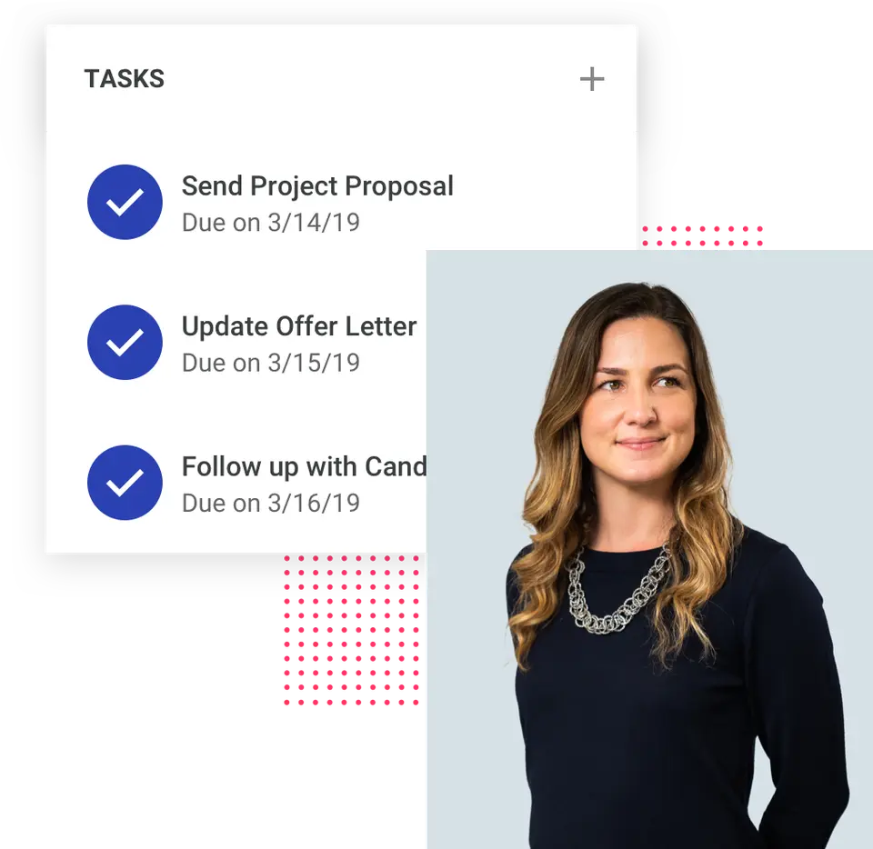 Smiling woman with long hair and a chain necklace beside a completed tasks list with three items and due dates.