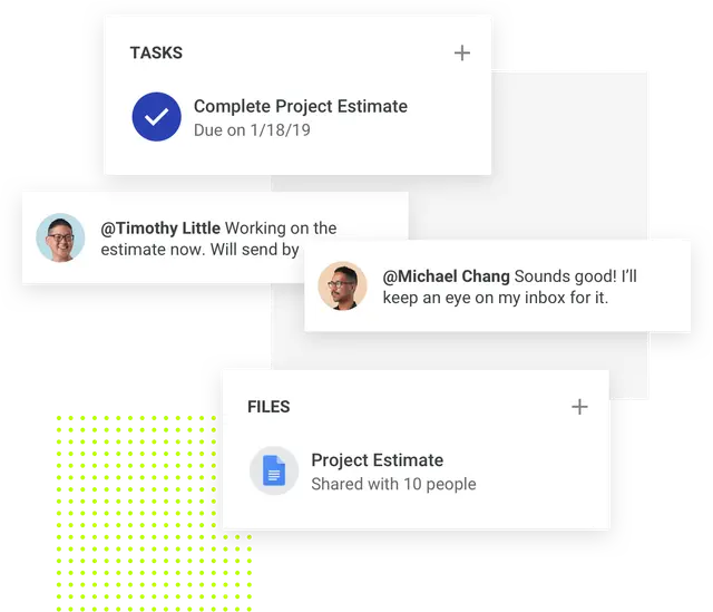 Task list showing project estimate due date and chat messages between Timothy Little and Michael Chang.