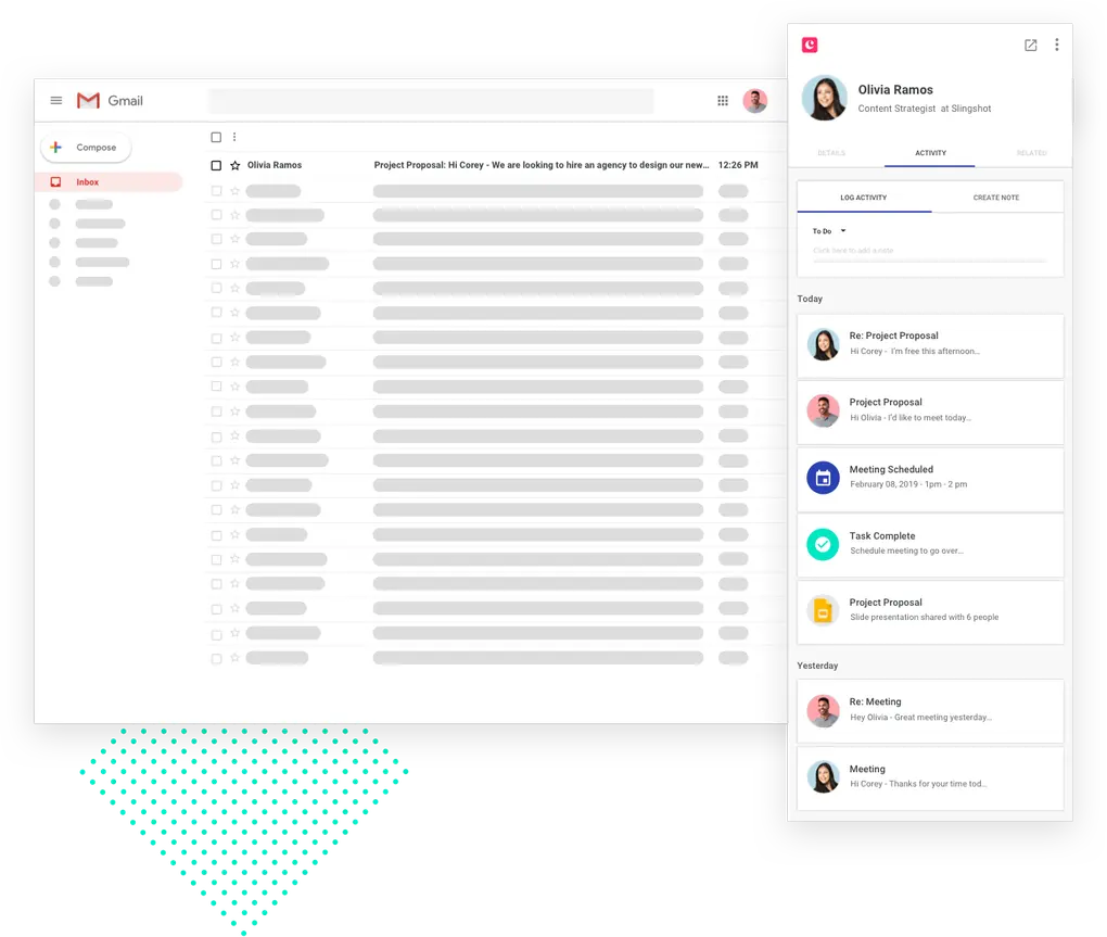 Gmail inbox showing highlighted email conversation and sidebar with user profile and project activity details.