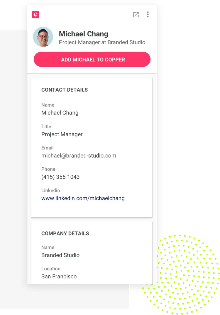 Contact card for Michael Chang, Project Manager at Branded Studio, with email, phone, LinkedIn, and company details.