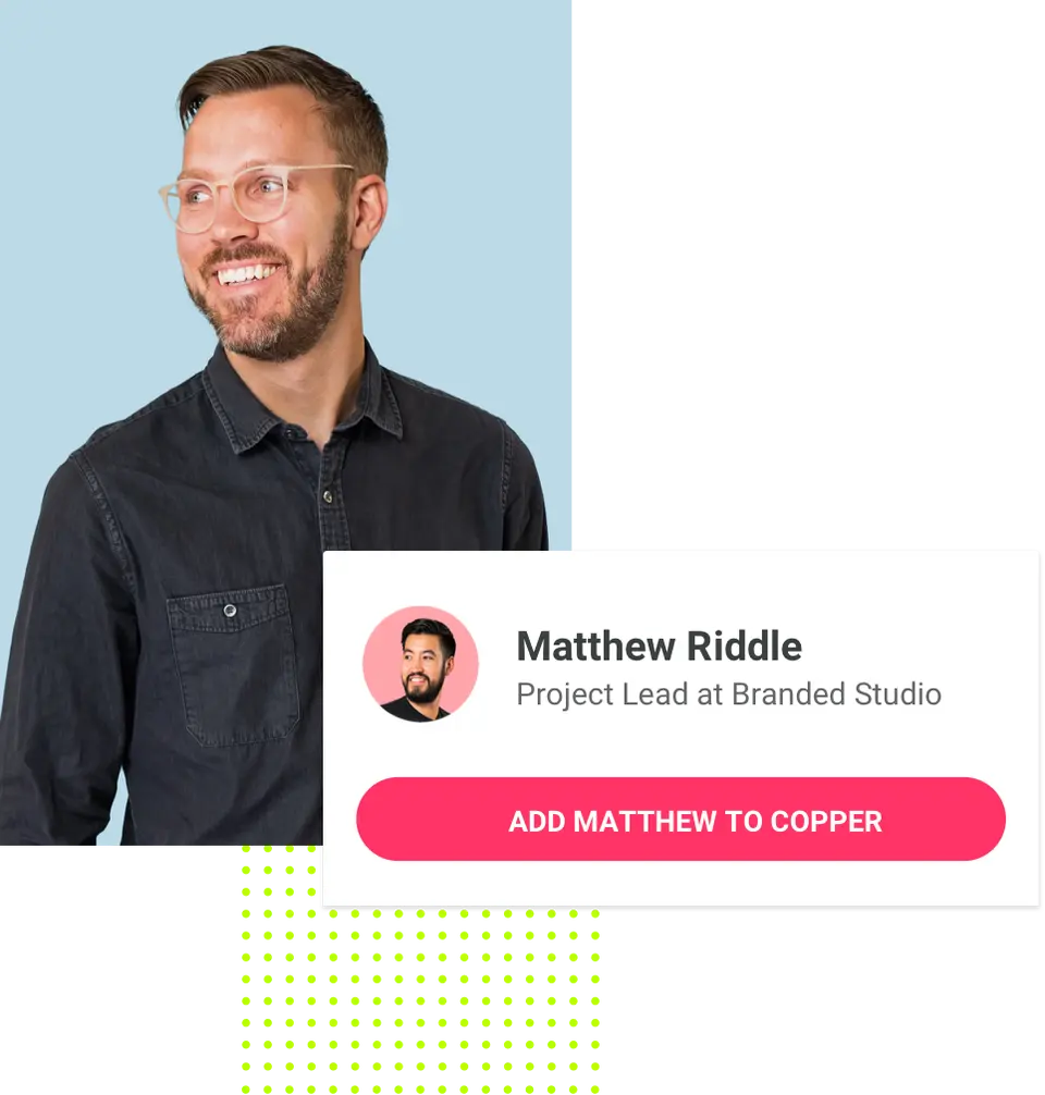 Smiling man with glasses wearing dark shirt and profile card for Matthew Riddle, project lead, with add button.