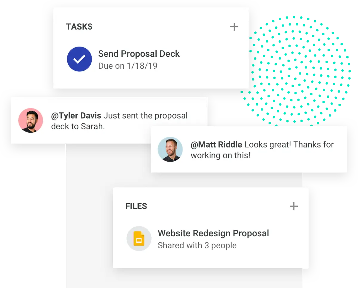 Task to send proposal deck due 1/18/19 with comments by Tyler Davis and Matt Riddle, plus a shared file.