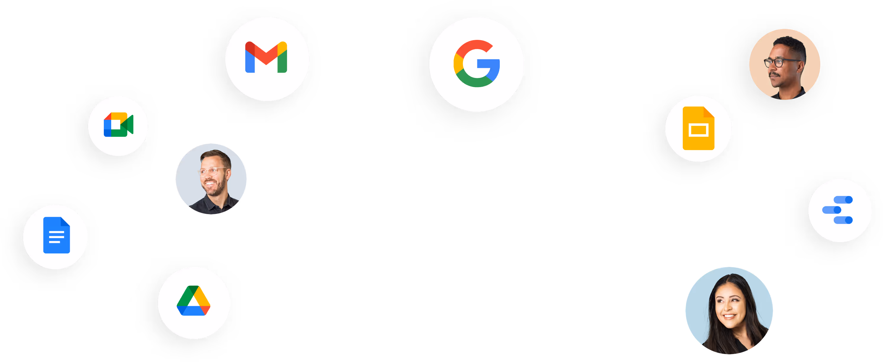 Google workspace icons with smiling people portraits on black background.
