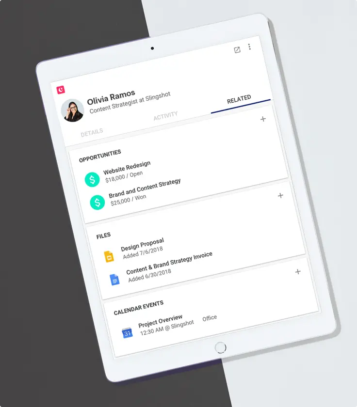 Tablet screen showing Olivia Ramos’s profile with opportunities, files, and calendar events listed.