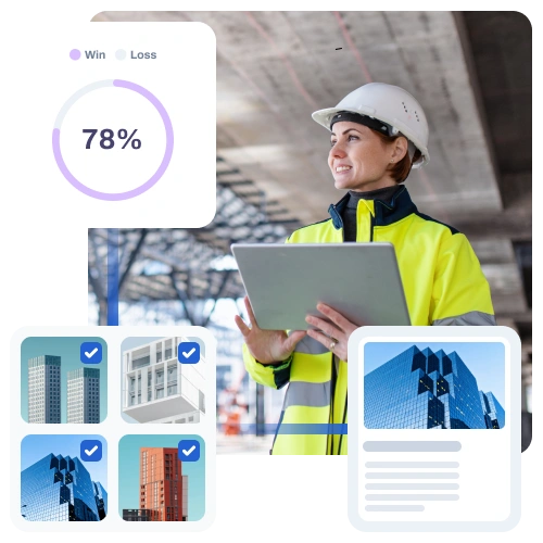 A female construction worker in a white hard hat and yellow safety jacket holding a tablet inside a building under construction, with overlays of a 78% win rate chart and images of modern buildings with checkmarks indicating selection.