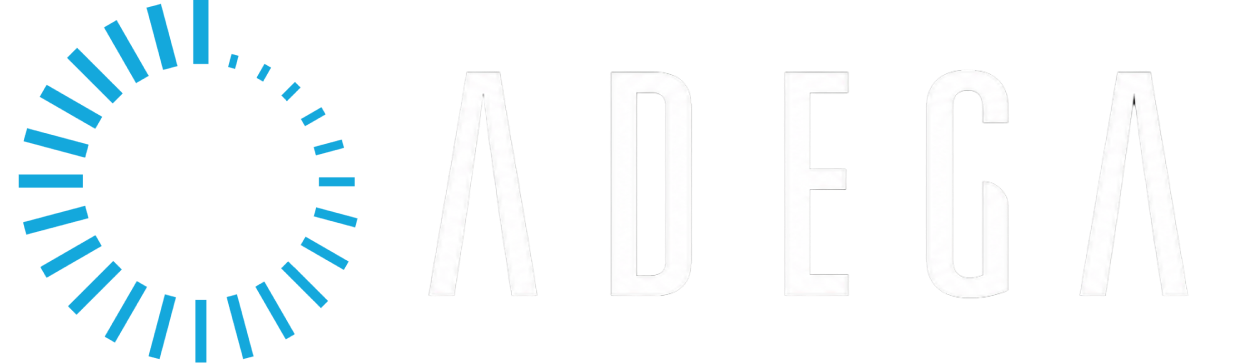 Logo with the word ADEGA in white uppercase letters and a blue circular design on the left.