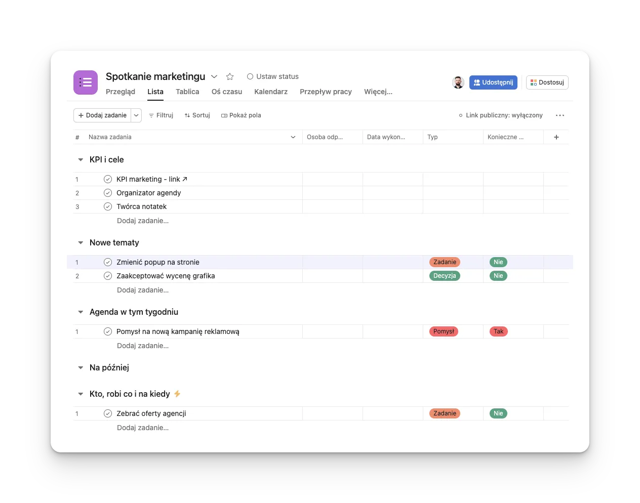 Widok projektu z agendą spotkania w asana.com