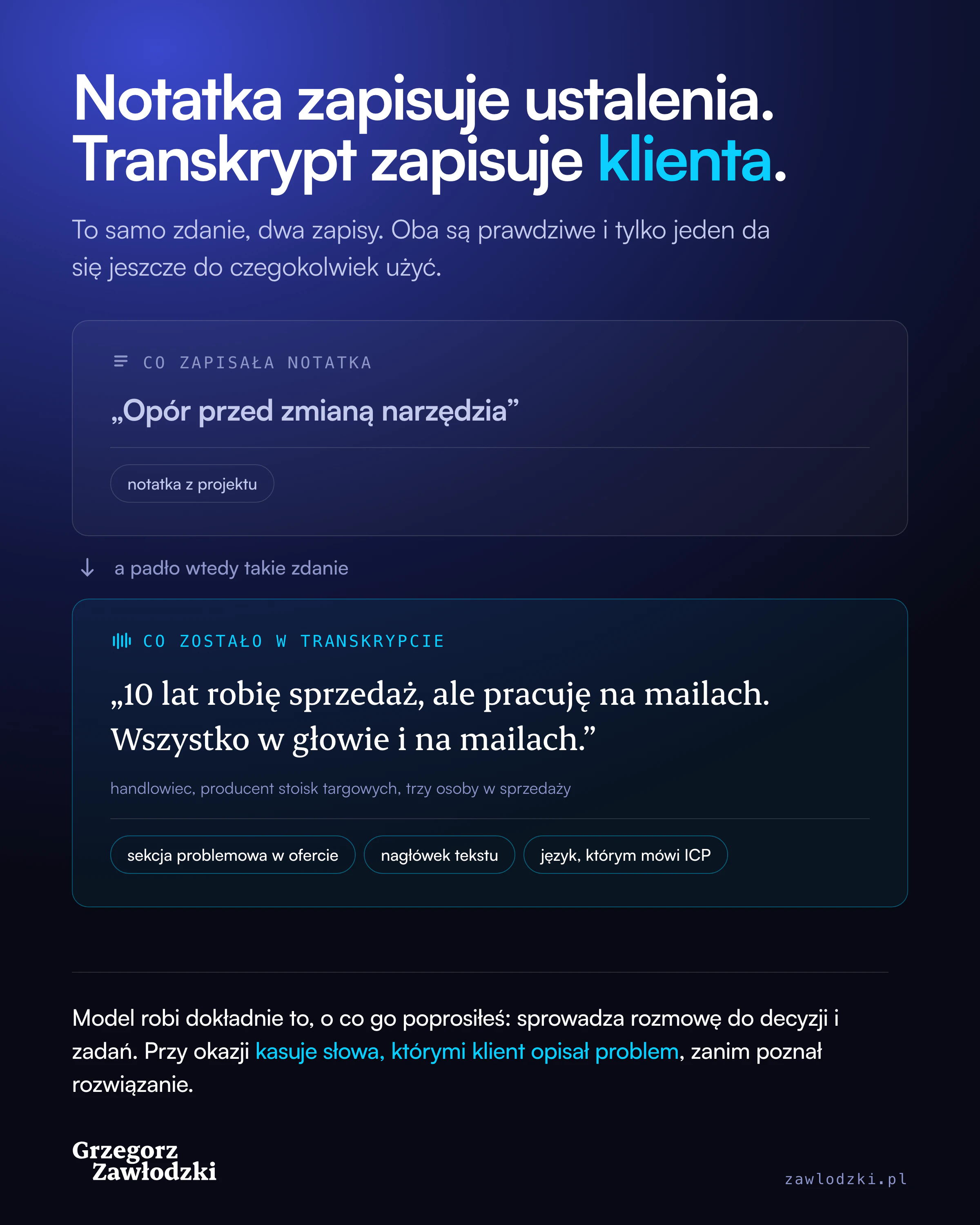 Zestawienie dwóch zapisów tej samej wypowiedzi klienta: notatka ze spotkania zapisała „opór przed zmianą narzędzia”, a w transkrypcie zostało zdanie „10 lat robię sprzedaż, ale pracuję na mailach”.