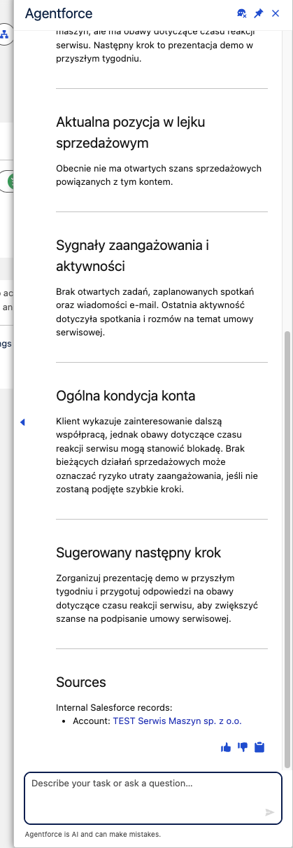 Panel Agentforce w Salesforce: po polsku streszczenie konta testowego producenta maszyn z sekcjami o pozycji w lejku, sygnałach zaangażowania, kondycji konta i sugerowanym następnym kroku