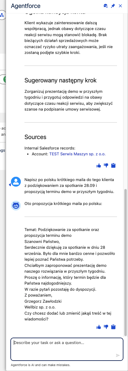 Panel Agentforce w Salesforce: szkic maila po polsku z podziękowaniem za spotkanie 28 września i prośbą o termin demo