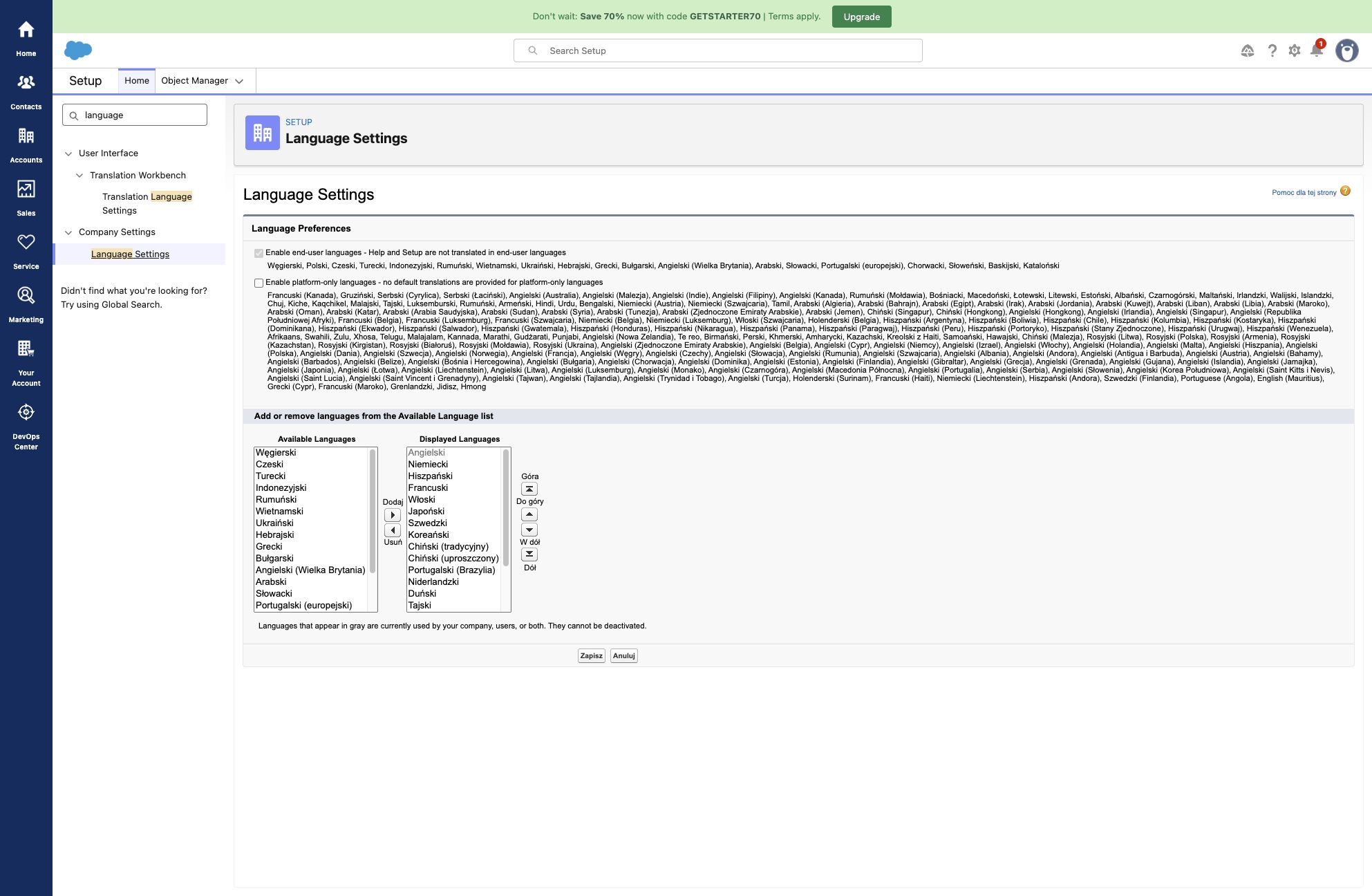 Salesforce Setup Language Settings z aktywnym Enable end-user languages i informacją, że Help oraz Setup nie są tłumaczone dla tych języków