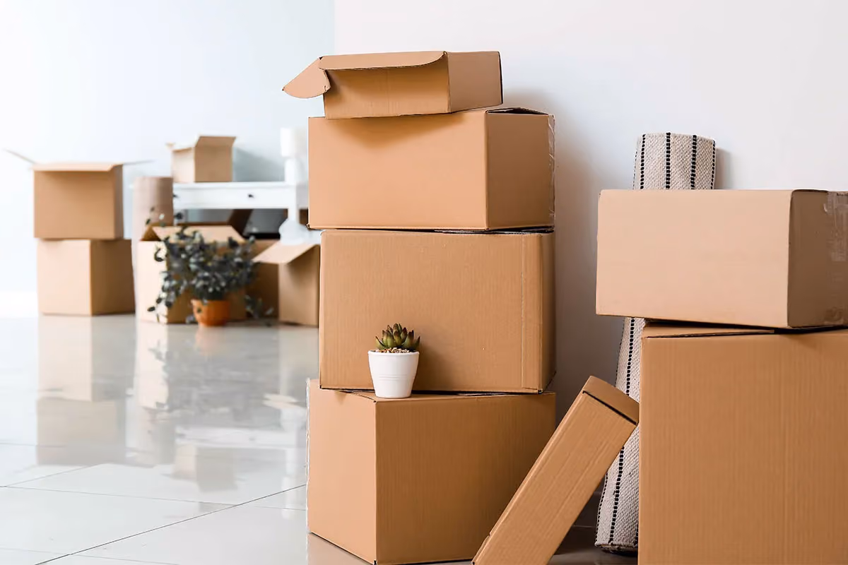 Belongings packed away in boxes for move-out cleaning.