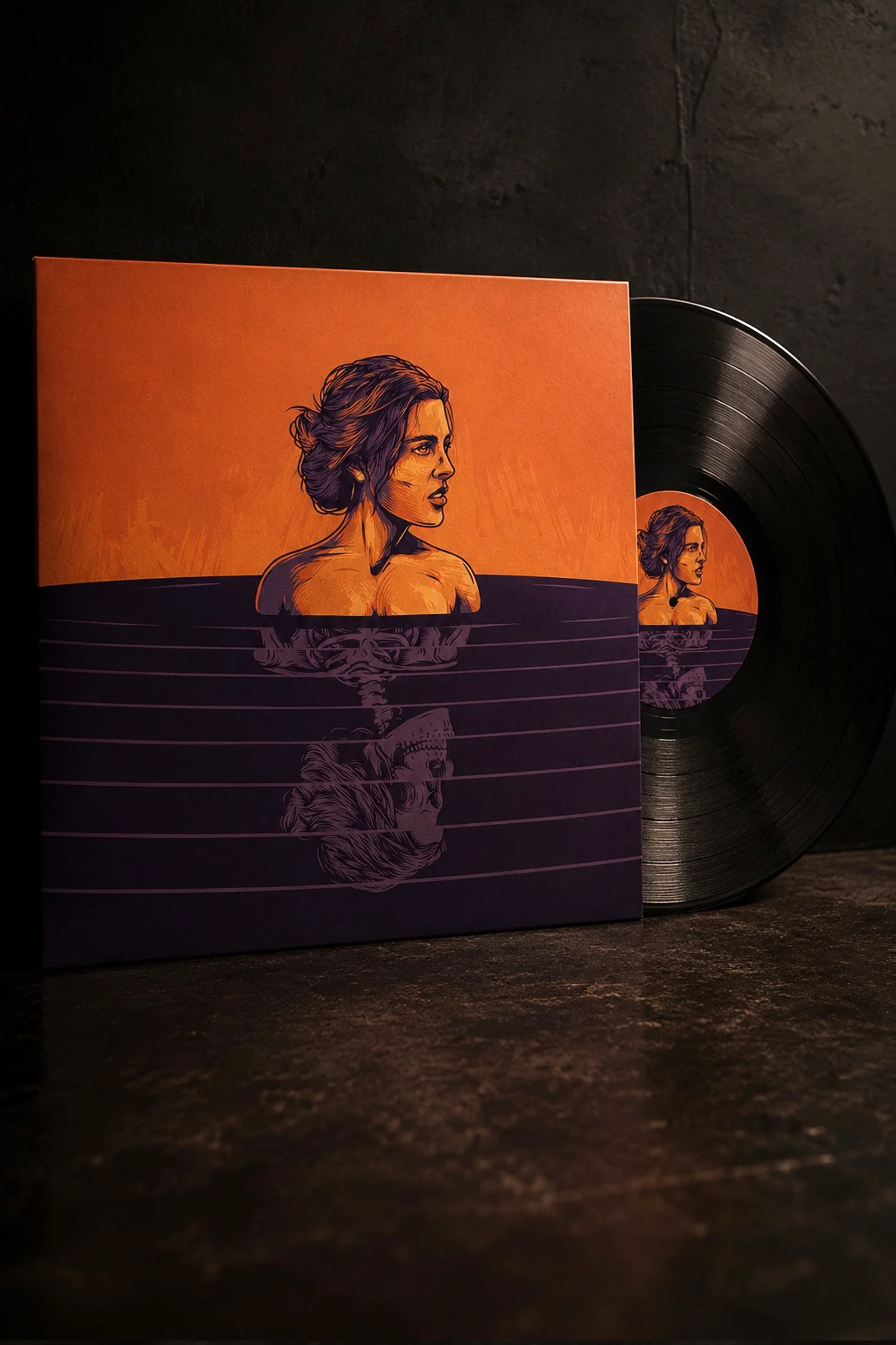     Illustrated vinyl record sleeve and record displayed against a dark studio background.