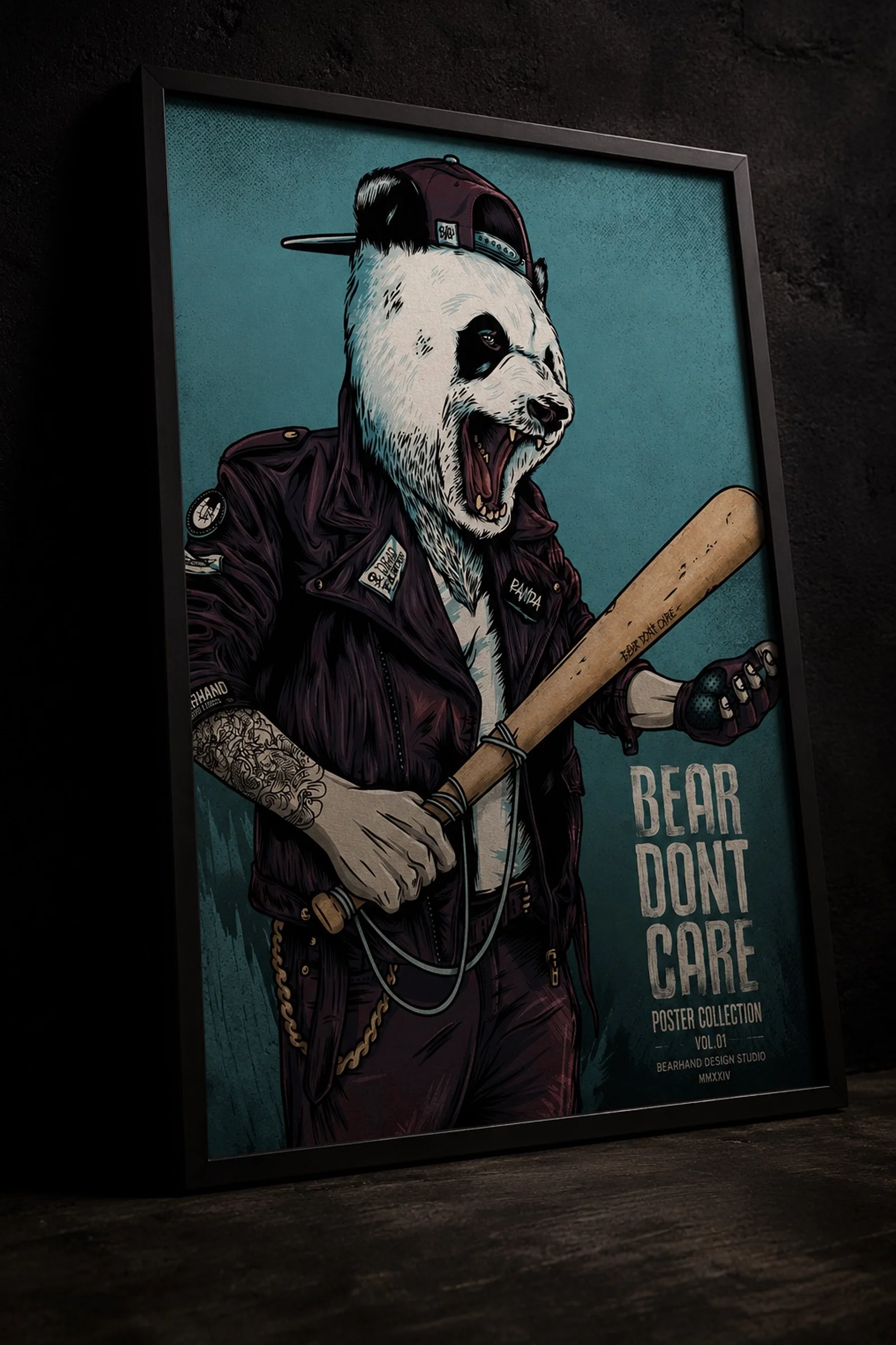     Framed illustrated poster of a punk panda holding a baseball bat.