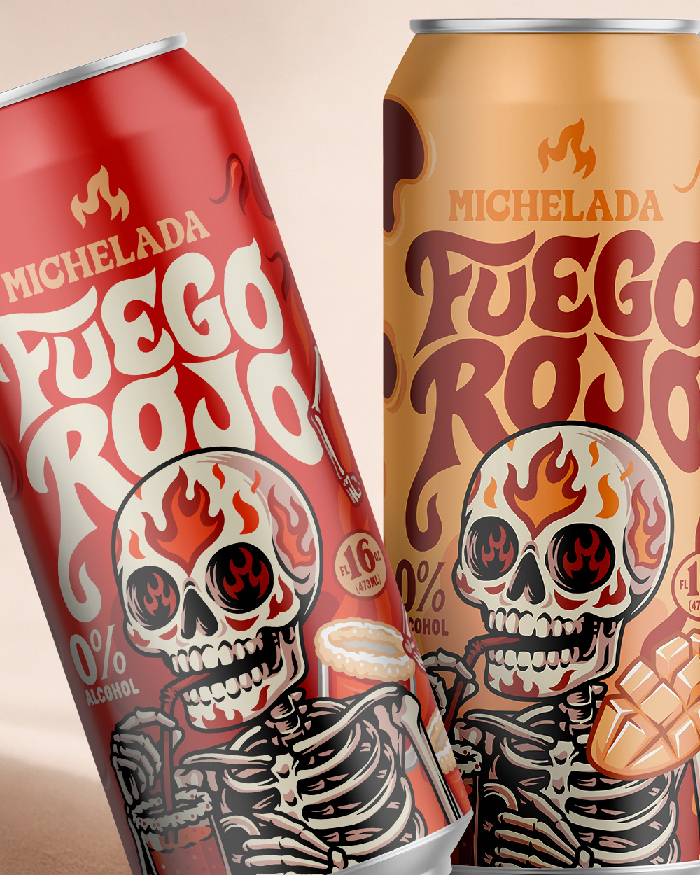 Finished Fuego Rojo packaging featuring the illustrated skull character across two cans.