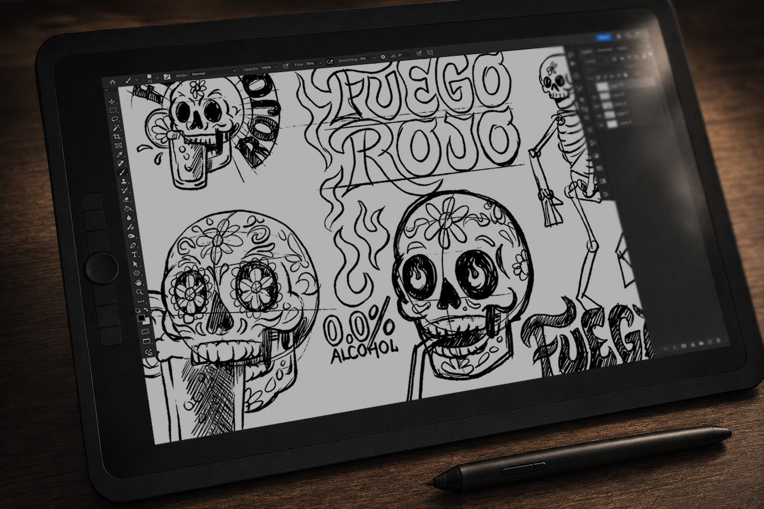 Digital sketch development for Fuego Rojo packaging, shown on a drawing tablet.