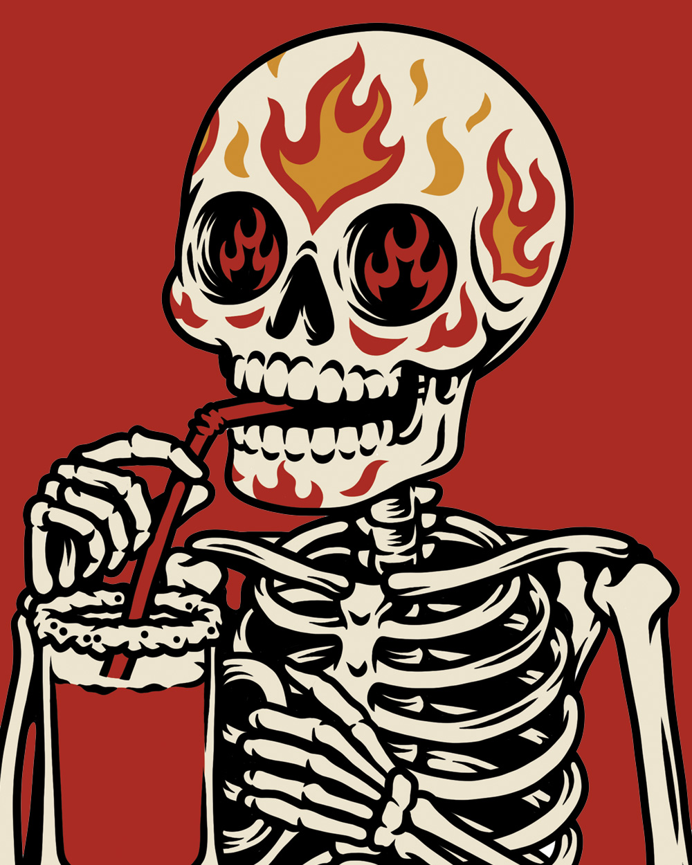 Coloured Fuego Rojo skull character artwork developed from the initial sketches.