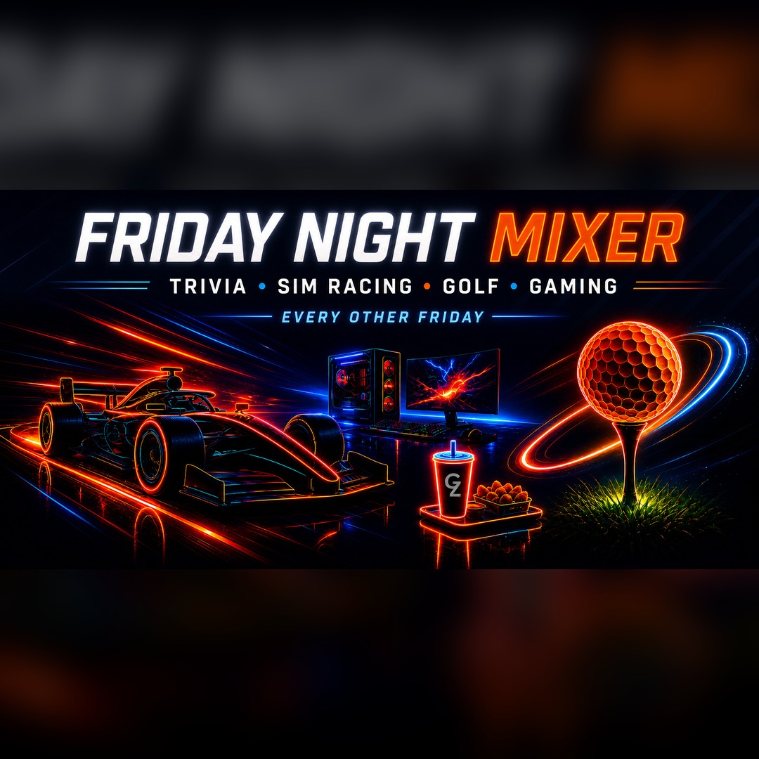 GridZone Friday Night Mixer graphic featuring trivia, sim racing, golf, gaming, food, and drinks.