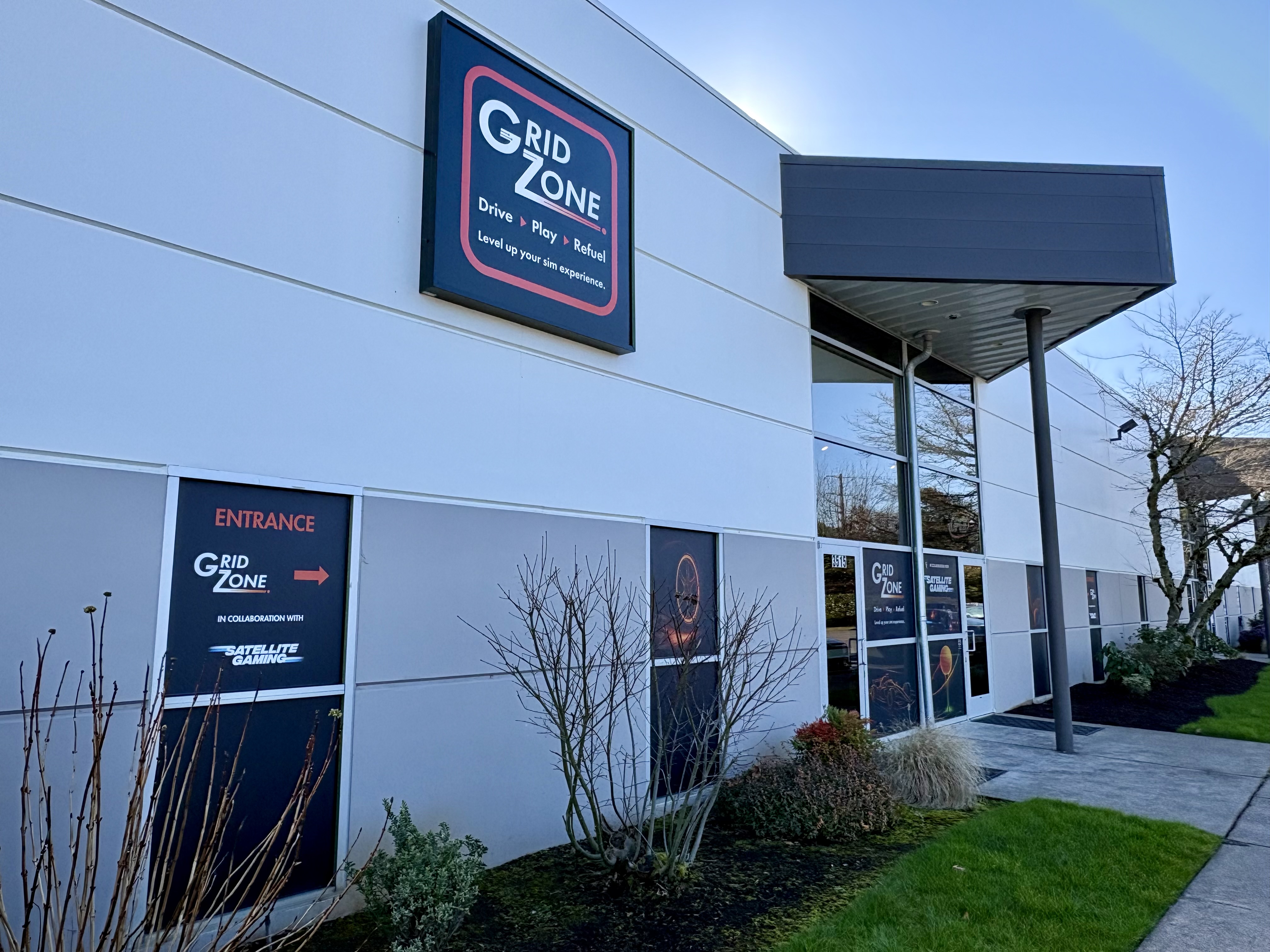 Exterior of GridZone in Salem, Oregon, showing the building entrance and GridZone signage.