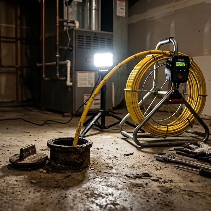 Plumber running a drain camera inspection in a Calgary home