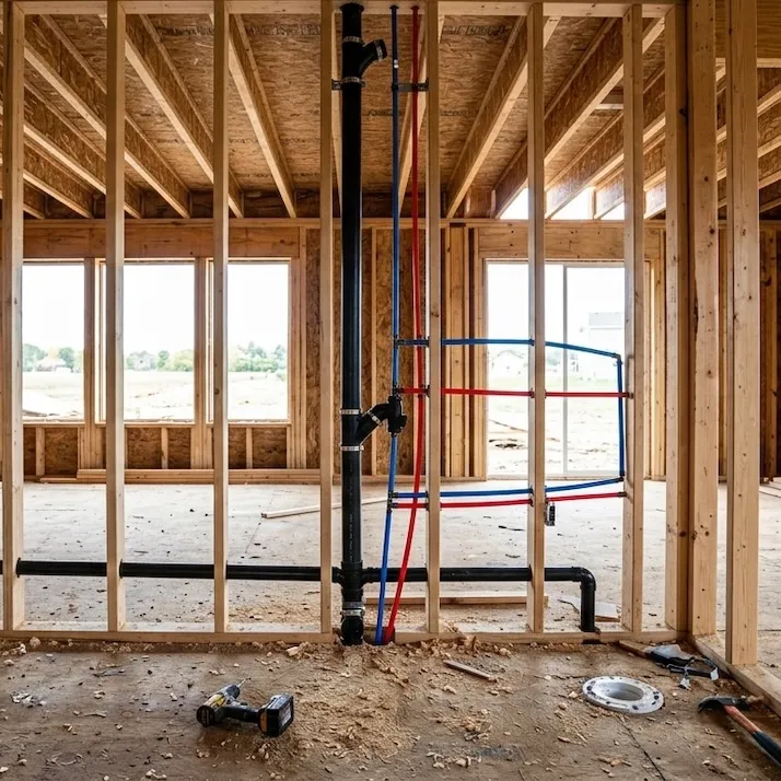 New construction plumbing rough-in inside a framed Calgary custom home.