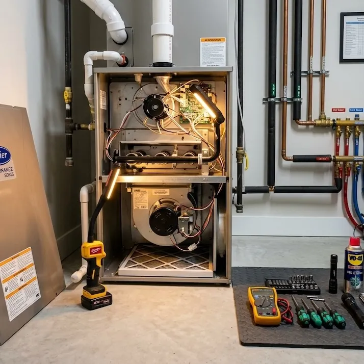 Certified gasfitter servicing a furnace in a Calgary mechanical room