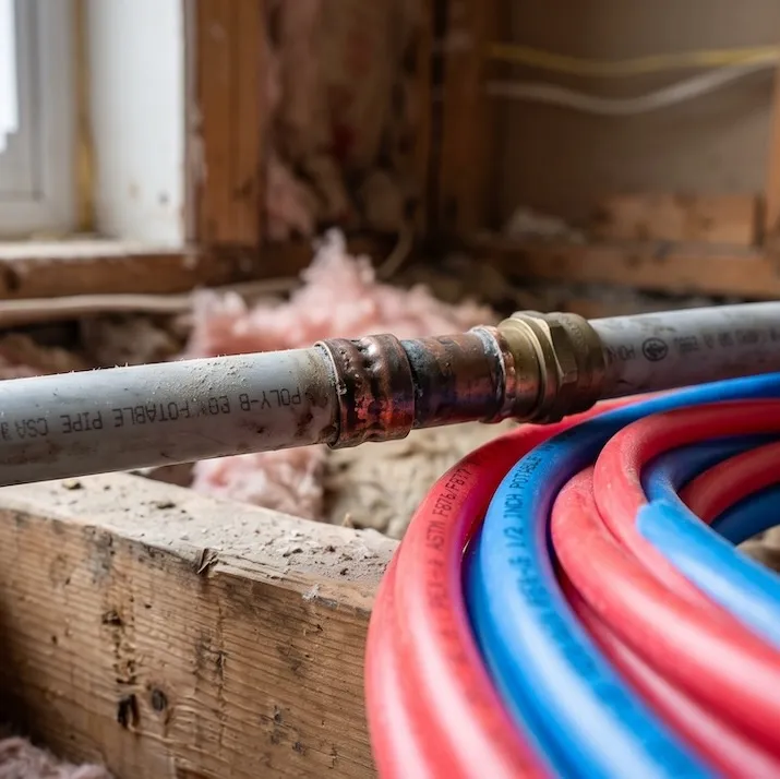Plumber replacing grey Poly-B piping with PEX in a Calgary home