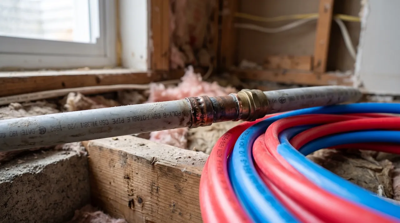 Plumber replacing grey Poly-B piping with PEX in a Calgary home