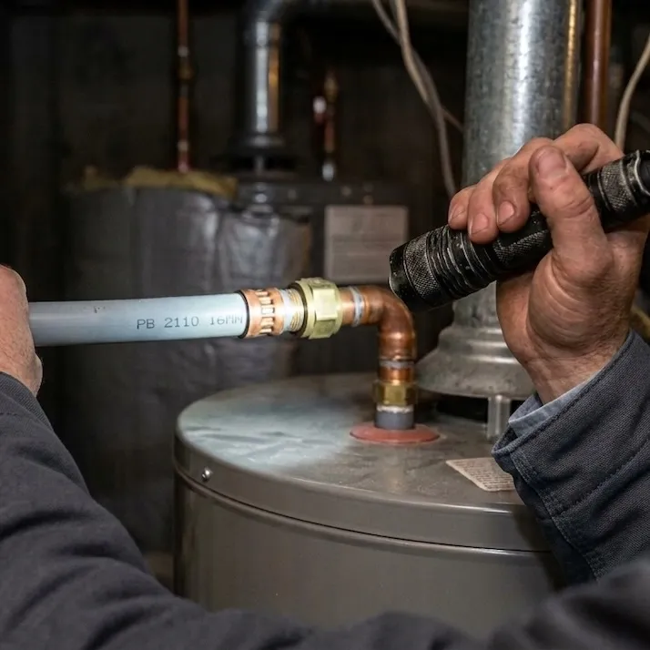 Calgary plumber reviewing a water heater with a realtor during a pre-listing inspection