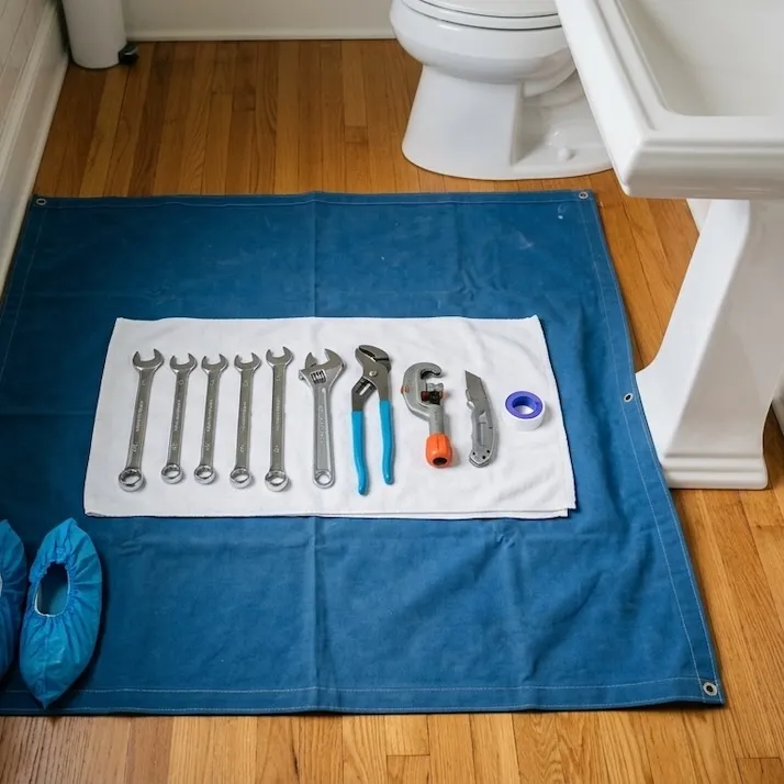 Calgary plumber working tidily inside a homeowner's finished kitchen