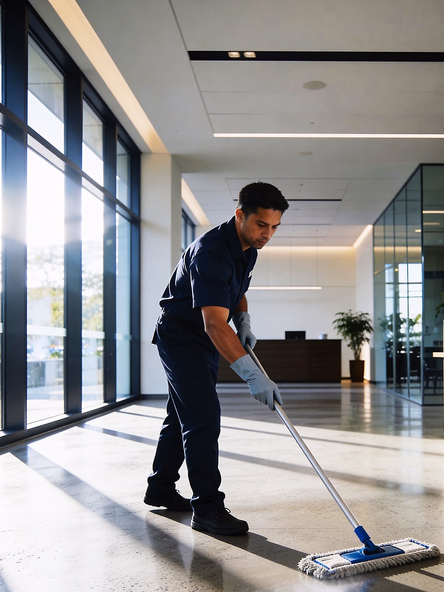 Professional cleaner mopping commercial lobby floor for RLS Cleaning Services in Baltimore