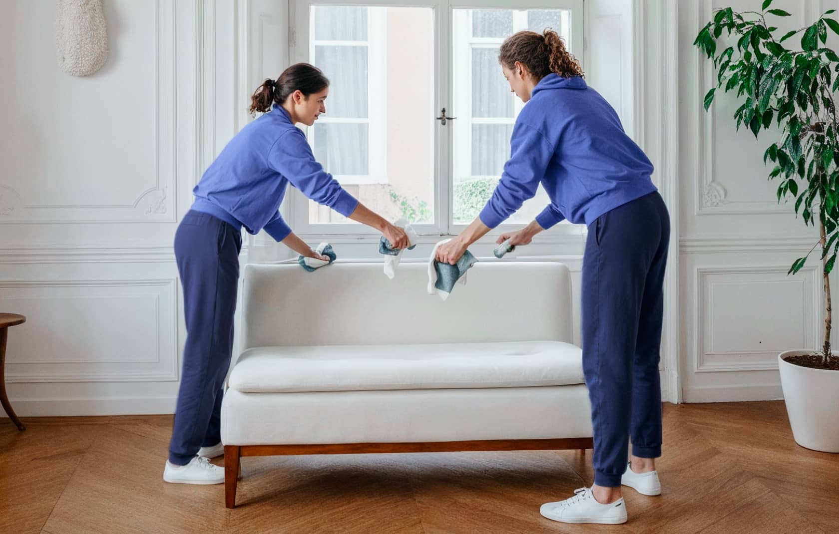 Two cleaners wiping down a white sofa in a bright room.