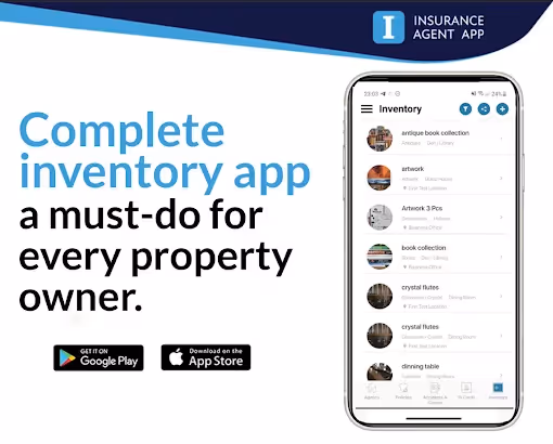 Promotional graphic reading Complete inventory app, a must-do for every property owner, beside a phone showing a home inventory list, with Google Play and App Store badges