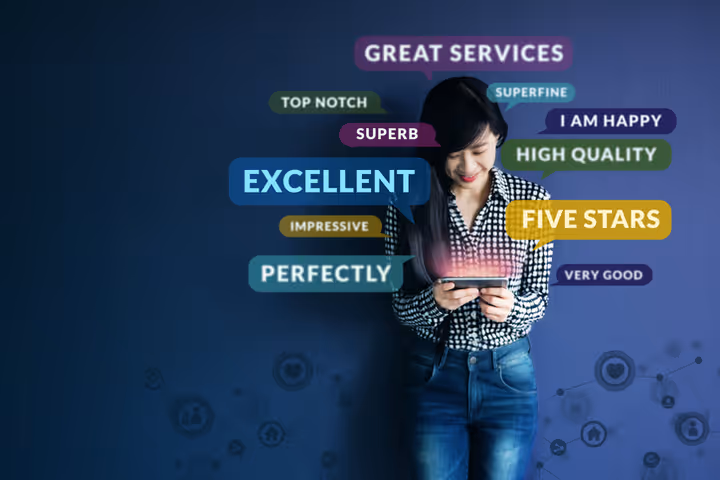 A woman looking at her phone surrounded by colourful review labels reading Excellent, Five Stars and Great Services