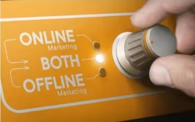 A hand turning a dial on an orange panel between Online Marketing, Both and Offline Marketing, with Both selected
