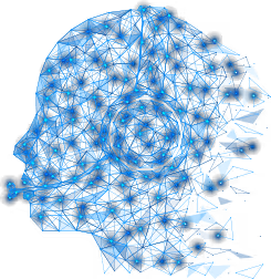 A human head in profile rendered as a glowing blue wireframe mesh dissolving into particles