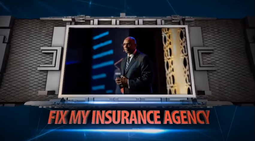 Title card for the Fix My Insurance Agency podcast, showing a speaker holding a microphone on stage within a stylised video screen