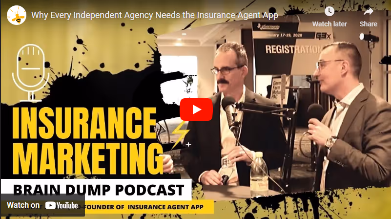 Insurance Marketing Brain Dump Podcast video thumbnail showing two men recording at microphones at a conference