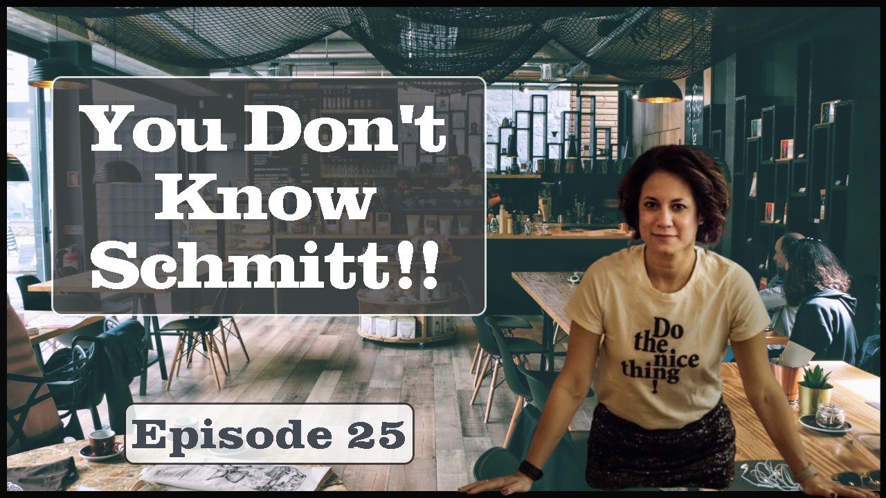 Title card for You Don't Know Schmitt!! episode 25, showing the guest seated in a cafe