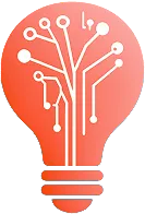 Orange light bulb with white circuit lines representing technology and innovation.